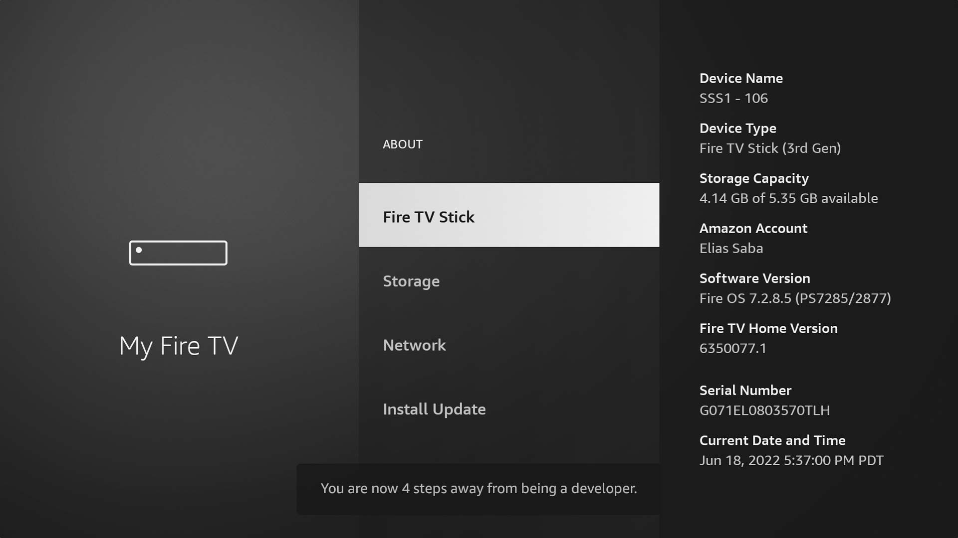About screen with Fire TV Stick name highlighted for clicking